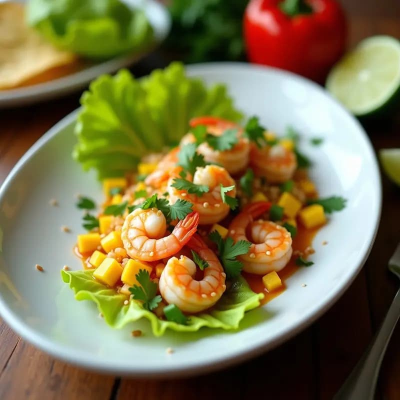 Plato blanco ovalado con ceviche de mango verde y camarón ecuatoriano, servido sobre hojas de lechuga romana, decorado con semillas de sésamo tostado y cilantro fresco. Los trozos de mango verde y camarón brillan por la leche de tigre ácido-dulce, con un fondo de tostadas de maíz.