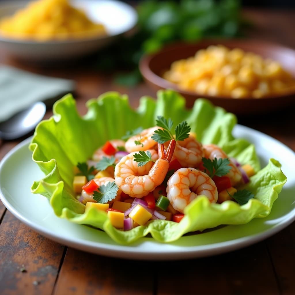 Plato de ceiche de mango verde y camarones al cilantro, con trozos de mango en juliana, camarones rosados marinados, cebolla morada en plumas y cilantro fresco, servido sobre hojas de lechuga con maíz tostado al lado.