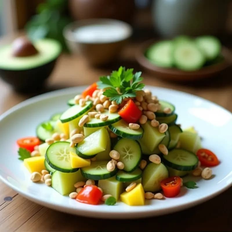 Ceviche crudivegano de mango verde y pepino con ají rocoto servido en plato blanco, decorado con maní tostado y cilantro fresco. Receta peruana en airfryer con textura fresca y colores vibrantes.