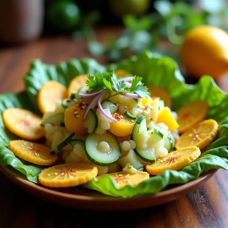 Ceviche vegano salvadoreño de mango verde y pepino servido sobre hojas de lechuga romana, rodeado de chips dorados de plátano macho y decorado con cilantro fresco y semillas de ajonjolí.