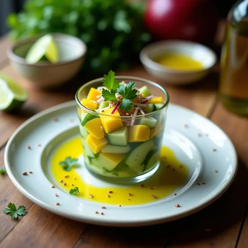 Ceviche vegano de mango verde y pepino con algas wakame servido en copa de cristal, con semillas de sésamo espolvoreadas y cilantro fresco. Plato colorido, fresco y listo para comer, ideal como aperitivo.