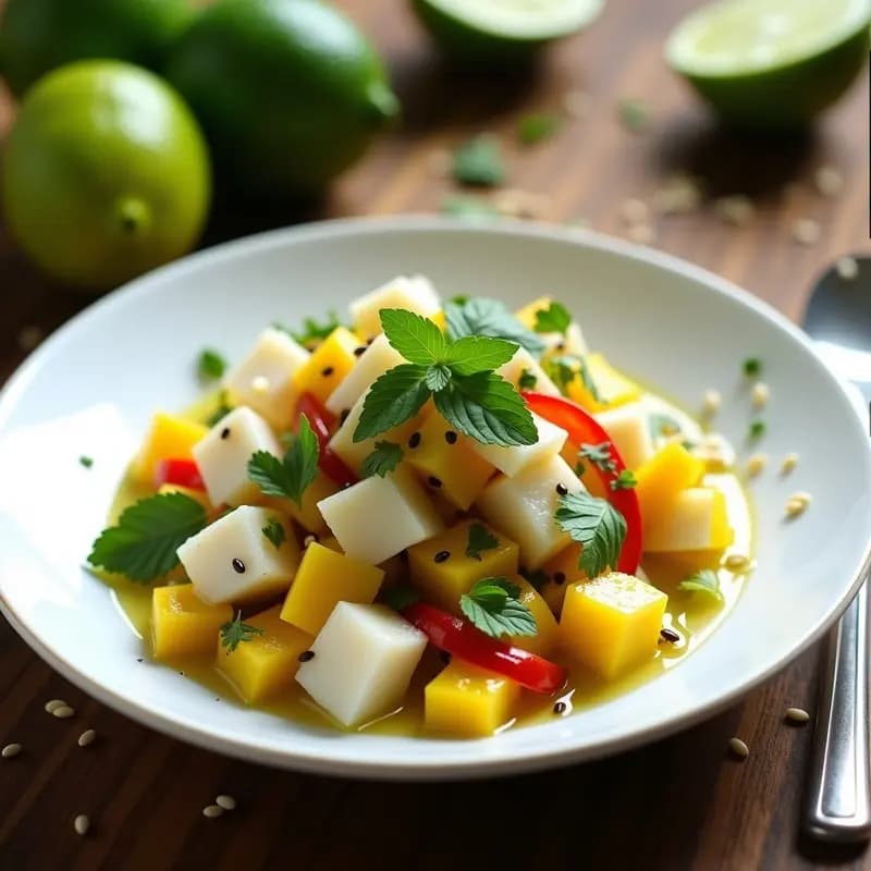 Plato blanco hondo con ceviche de mango verde y pescado blanco sin cebolla, decorado con semillas de sésamo y hojas de hierbabuena, sobre fondo de madera rústica y limones al lado.