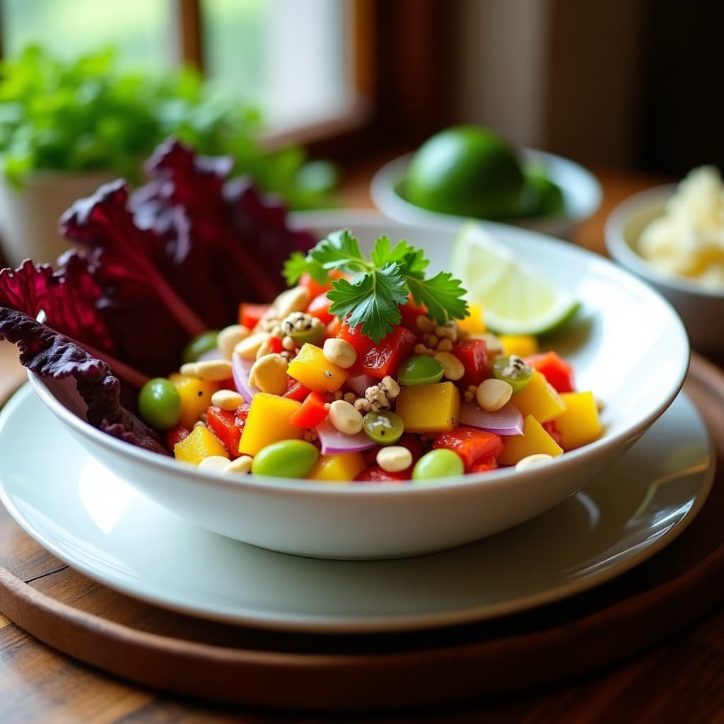 Ceiche de mango verde y pimientos asados servido en plato blanco rústico, con trozos de mango verde, tiras de pimientos asados rojos y amarillos, cebolla morada, cilantro fresco y maní picado por encima. Fondos de limón y lima como decoración, receta peruana picante y cítrica.