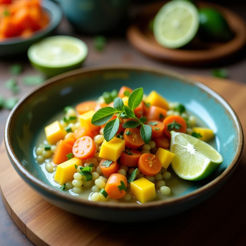 Ceviche crudivegano de mango verde y zanahoria en copa de cristal, con leche de coco, lima, semillas de sésamo y hojas de menta, servido sobre fondo de madera rústica.