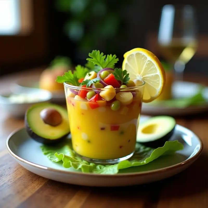 Ceviche de mejillones con leche de tigre de limón y cúrcuma servido en copa de cristal sobre hojas de lechuga, decorado con rodajas de aguacate y cilantro fresco. Plato colorido y fresco, típico de la cocina costera peruana keto.