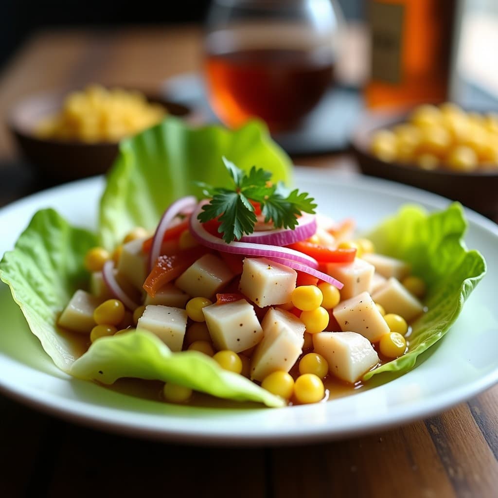 Plato blanco con ceviche de mero en cubos marinado en limón, sobre hojas frescas de lechuga romana, decorado con maíz tostado dorado, cebolla morada en juliana y cilantro. Receta peruana baja en calorías.
