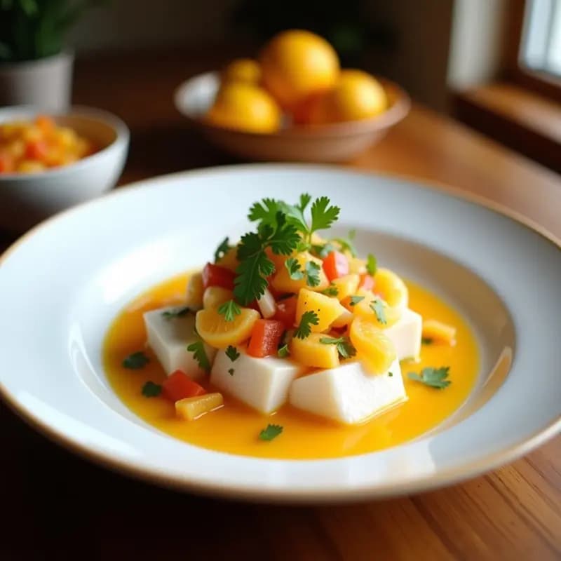 Ceviche nicoyano servido en copa de cristal sobre fondo de hojas de plátano, con trozos de pescado blanco marinado en leche de coco y naranja agria, decorado con semillas de sésamo, cilantro y rodajas de chile panameño.
