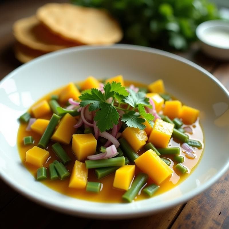 Plato blanco de cerámica con ceviche de nopales y mango en cubos, bañado en leche de tigre de tamarindo de color ámbar. Decorado con cebolla morada picada y hojas de cilantro fresco. Acompañado de tostadas de maíz en el borde del plato.