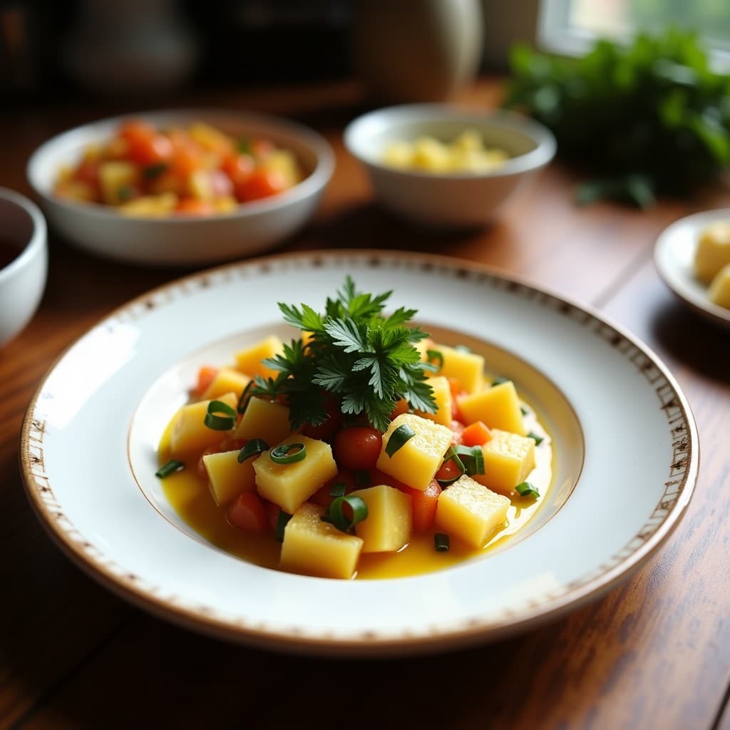 Ceviche crudivegano servido en copa de vidrio transparente, con trozos de palma de coco en juliana, cubos de piña amarilla, algas wakame oscuras y semillas de sésamo espolvoreadas. Acompañado de hojas de cilantro fresco y rodajas de lima al lado. Plato fresco con toque peruano y tropical.