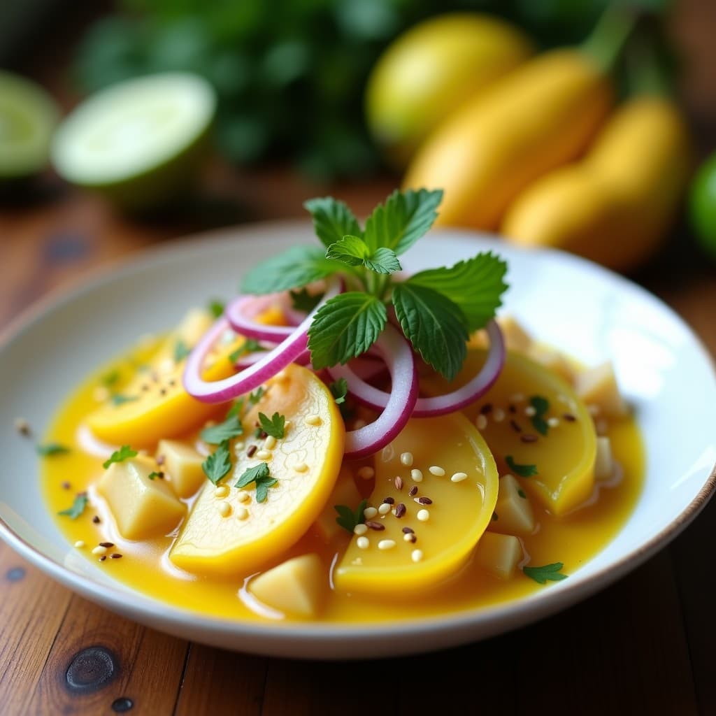 Plato de ceviche vegano de hearts of palm en rodajas gruesas bañados en leche de tigre de lulo de color amarillento, decorado con cebolla morada, cilantro, semillas de sésamo y hojas de menta, servido en un bol de cerámica blanca sobre fondo rústico.