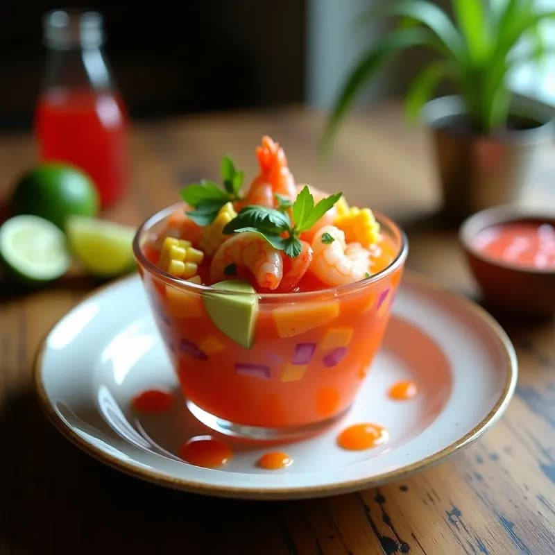 Ceviche peruano de palmito y camarones con leche de tigre de acerola, servido en copa de cristal con aguacate y maíz dulce. Plato fresco y colorido, ideal para días calurosos.