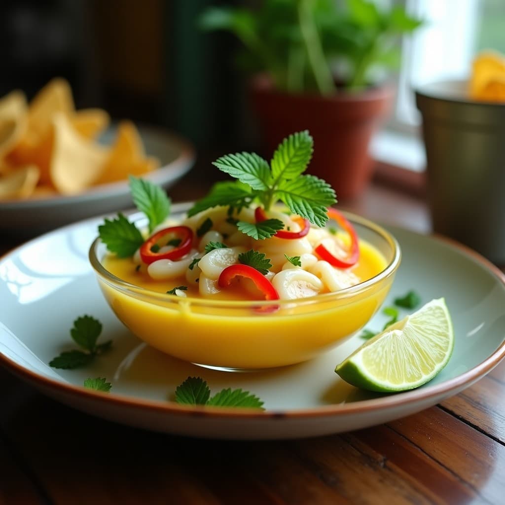 Ceviche de palmito y granadilla en copa de cristal, con rodajas de palmito marinado en leche de tigre dorada, pulpa de granadilla brillante y hojas de cilantro fresco. Plato fresco y colorido típico de la cocina colombiana sin pescado.
