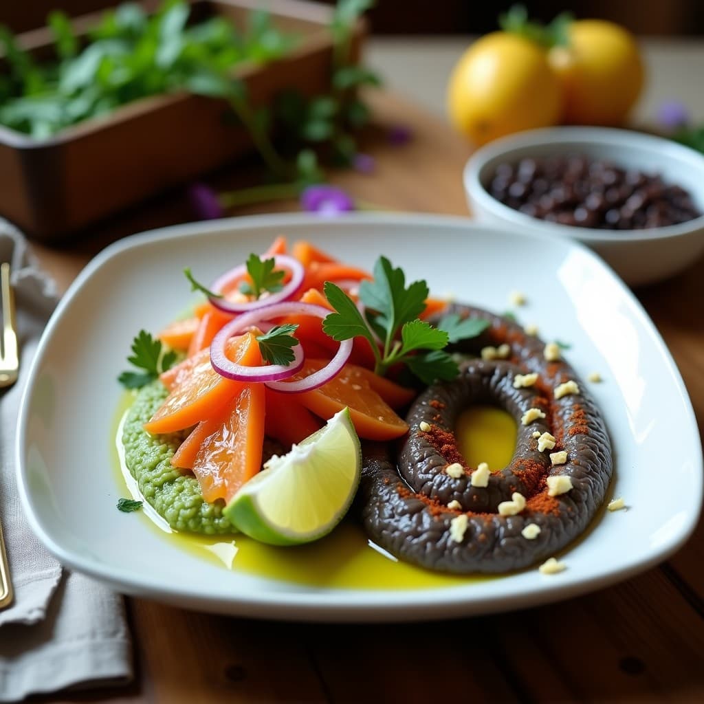 Plato blanco rectangular con ceviche de palmito marinado en leche de tigre vegano, acompañado de houmous de lentejas beluga cremoso, decorado con cilantro fresco, rodajas de limón verde y pimiento rojo en juliana. Entrante peruano-vegano con toque ácido y alto en proteína.