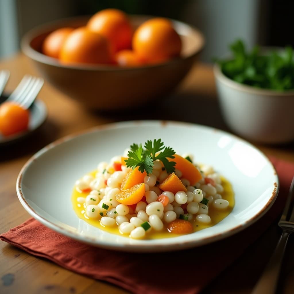 Ceiche de palmito con leche de coco y cítricos servido en un plato blanco hondo, con rodajas de palmito marinado en una salsa cremosa de color beige, decorado con semillas de sésamo, hojas de menta y cilantro fresco. Al fondo, gajos de naranja sanguina y limón verde.
