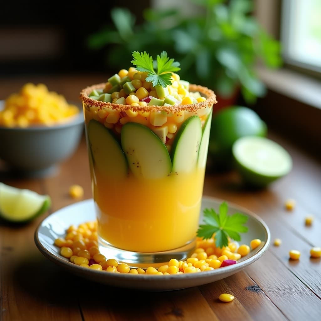 Ceiche de palmito con leche de tigre de lulo y cilantro servido en copa de cristal, con rodajas de palmito, cubos de aguacate, cebolla morada y maíz tostado, decorado con hojas de cilantro fresco. Receta vegana amazónica fresca y colorida.