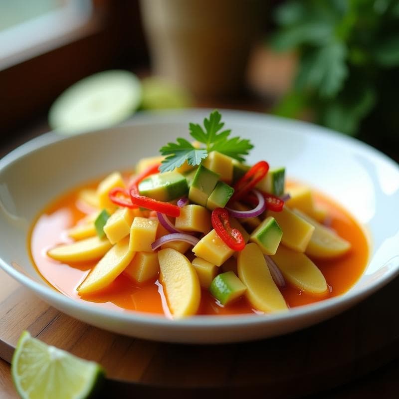 Plato hondo blanco con ceiche de palmito y coriandro bañado en leche de tigre de lulo, decorado con rodajas de aguacate, cebolla morada y hojas de coriandro fresco. Receta colombiana vegana sin pescado.