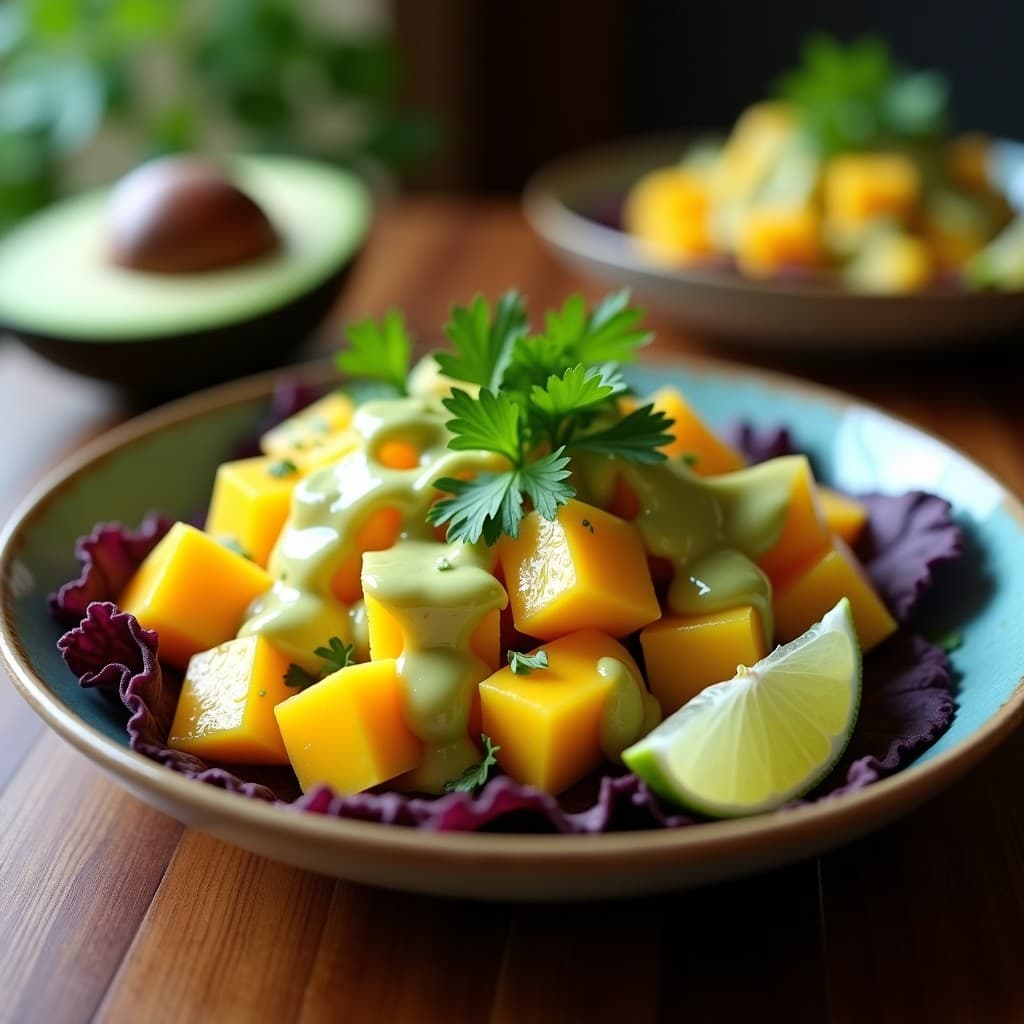 Plato blanco con ceviche vegano peruano de palmito y mango en cubos, bañado en salsa verde cremosa de lechuga de tigre de limón, servido sobre hojas de lechuga morada y tostadas de maíz morado. Decorado con rodajas de limón y cilantro fresco.