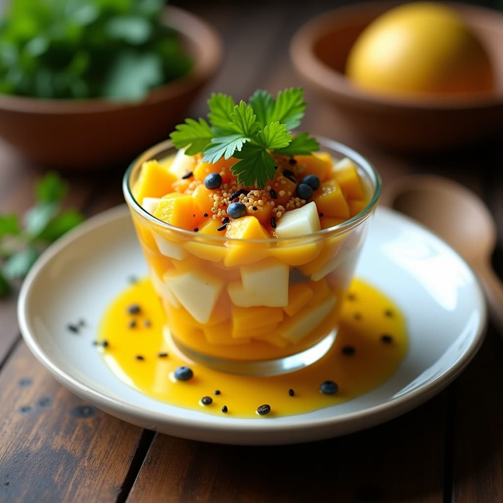 Copa transparente con ceviche de palmito y mango en rodajas, bañado en leche de tigre amarilla, decorado con crujiente de maíz azul, cilantro fresco y algas nori. Plato colorido y vibrante sobre fondo rústico de madera.