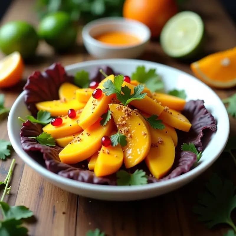 Plato hondo de cerámica blanca con ceiche de palmito y mango ecuatoriana vegana, servida sobre hojas de lechuga morada. Rodajas de palmito y cubos de mango bañados en leche de tigre de naranja, decorada con semillas de granada y cilantro fresco. Fondo con limones verdes y rodajas de naranja.
