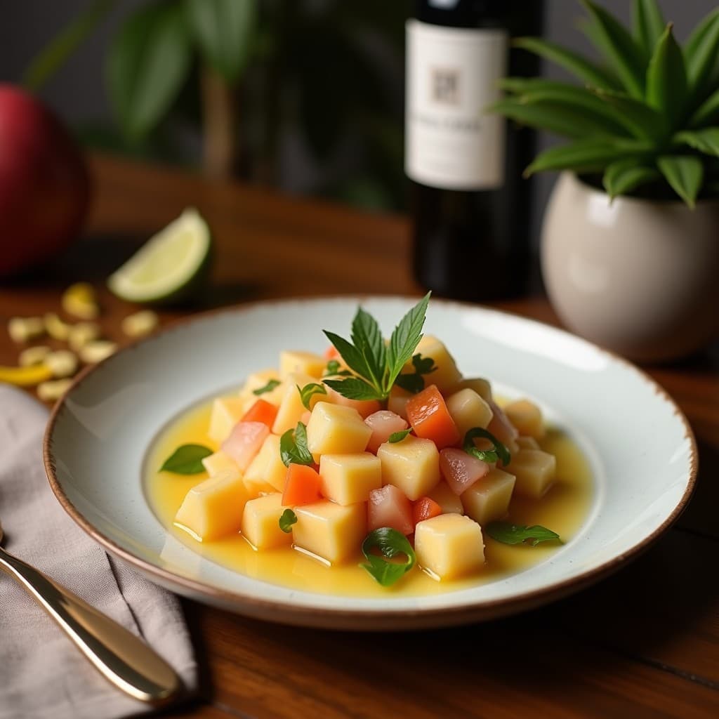 Plato hondo de cerámica blanca con ceiche de palmito y maracuyá vegano peruano, decorado con rodajas de camote morado, maíz tostado y hojas de cilantro fresco. La leche de tigre con maracuyá brilla con un tono ámbar, y el palmito en rodajas gruesas destaca con su color crema. Acompañado de hojas de lechuga morada como base.