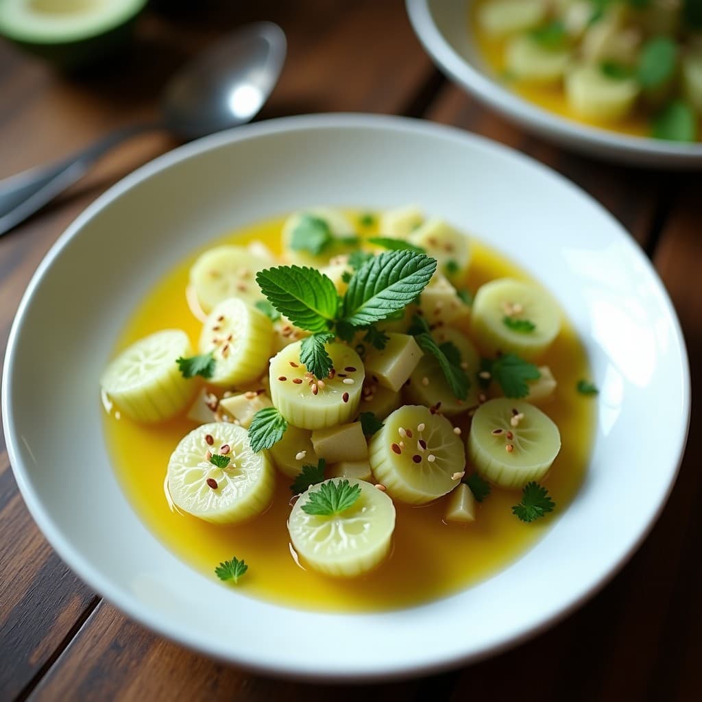 Ceviche amazónico vegano de palmito y pepino con vinagreta de cocona, servido en un plato blanco con decoración de hierbabuena y semillas de sésamo, fondo rústico de madera.