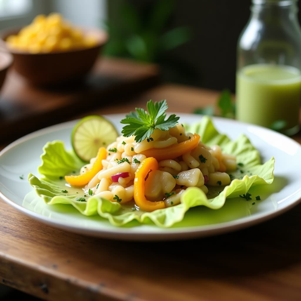 Plato blanco con ceviche de palmito y pimiento amarillo vegano, servido sobre hojas de lechuga, bañado en leche de limón y decorado con maíz tostado y rodajas de limón.