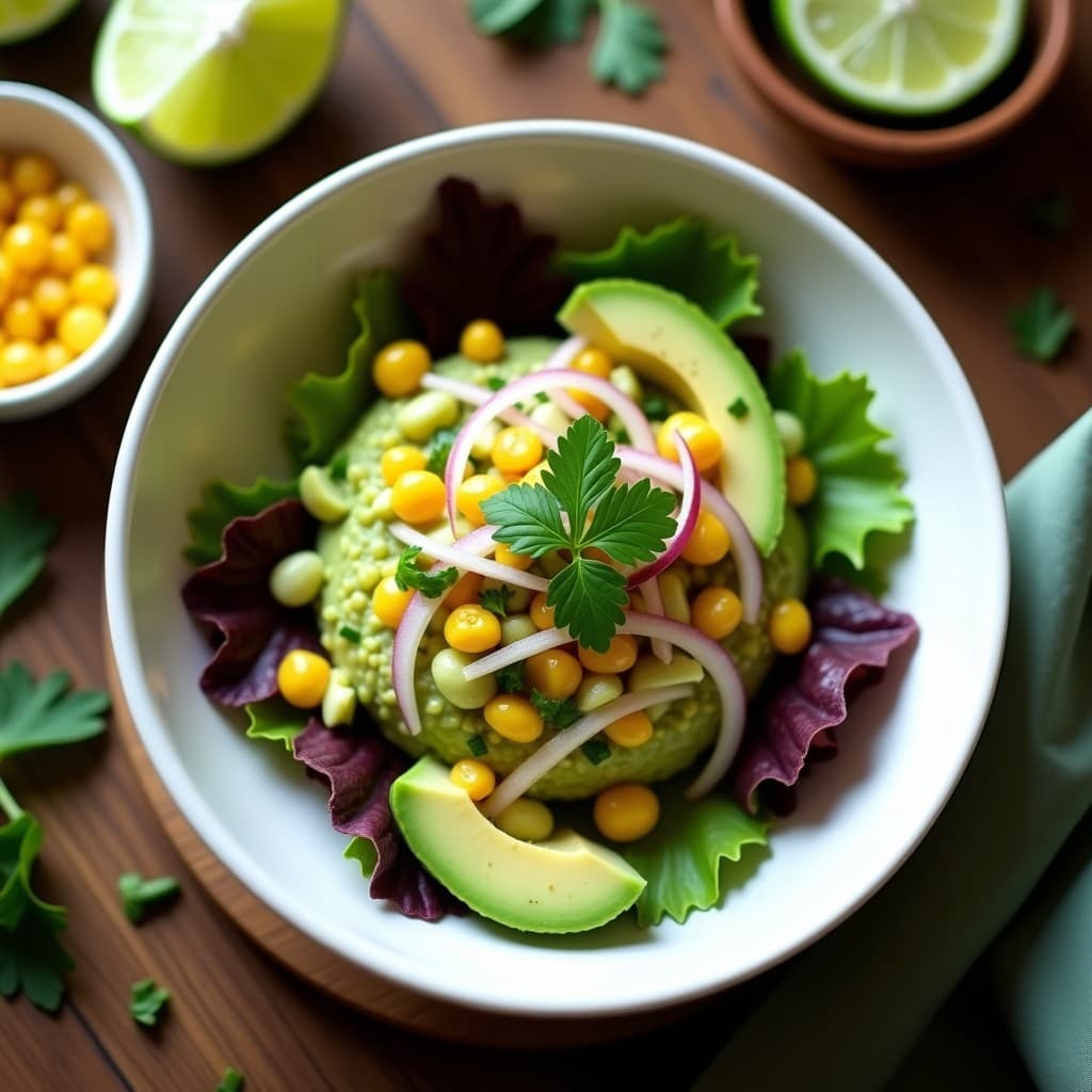 Ceviche de palmito vegano servido en hoja de lechuga morada, con rodajas de palmito marinado en leche de tigre, cubos de aguacate, maíz tostado crujiente y cilantro fresco. Plato colorido y fresco con toques cítricos.