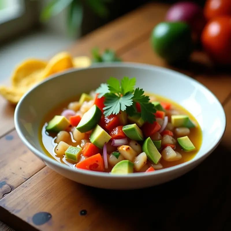 Plato hondo de cerámica blanca con ceiche de palmito en rodajas, tamarillo en trozos, aguacate en cubos, cebolla morada y pimiento rojo. Bañado en una vinagreta dorada de cilantro y limón. Decorado con hojas frescas de cilantro y servido con tostadas de pan de maíz al lado.