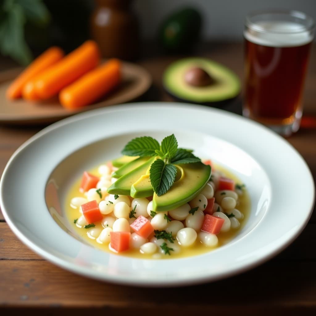 Ceviche vegano brasileño de palmitos y aguacate con leche de coco, servido en un plato blanco hondo con decoración de semillas de sésamo y cilantro fresco, colores vibrantes y textura cremosa.