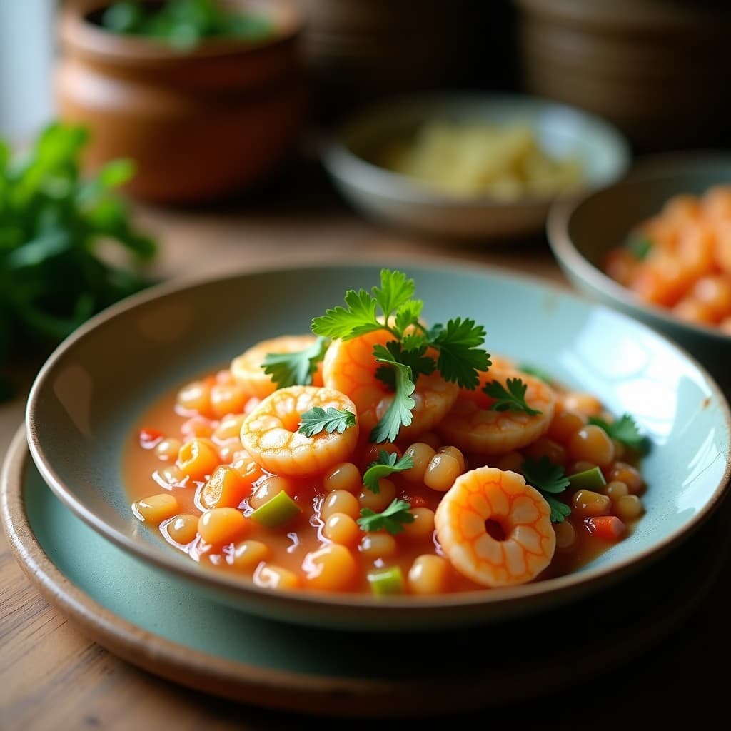 Plato hondo blanco con ceviche de palmitos y camarón con leche de coco, decorado con cilantro fresco, semillas de sésamo y hojas de lechuga morada. Entrante peruano fresco y colorido.