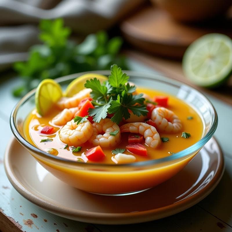 Ceviche de palmitos y camarones con leche de tigre de lulo servido en un bol de cristal transparente, con rodajas de limón, cilantro fresco y trozos de cebolla morada. Plato fresco y colorido, típico de la cocina ecuatoriana fusion.