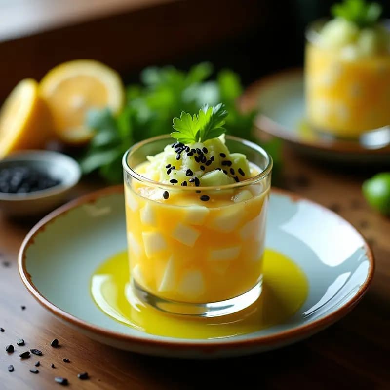 Ceviche de palmitos en rodajas con lechuga de mar, decorado con semillas de sésamo negro y cilantro fresco, servido en copa de cristal sobre fondo rústico, receta peruana vegana alta en yodo.