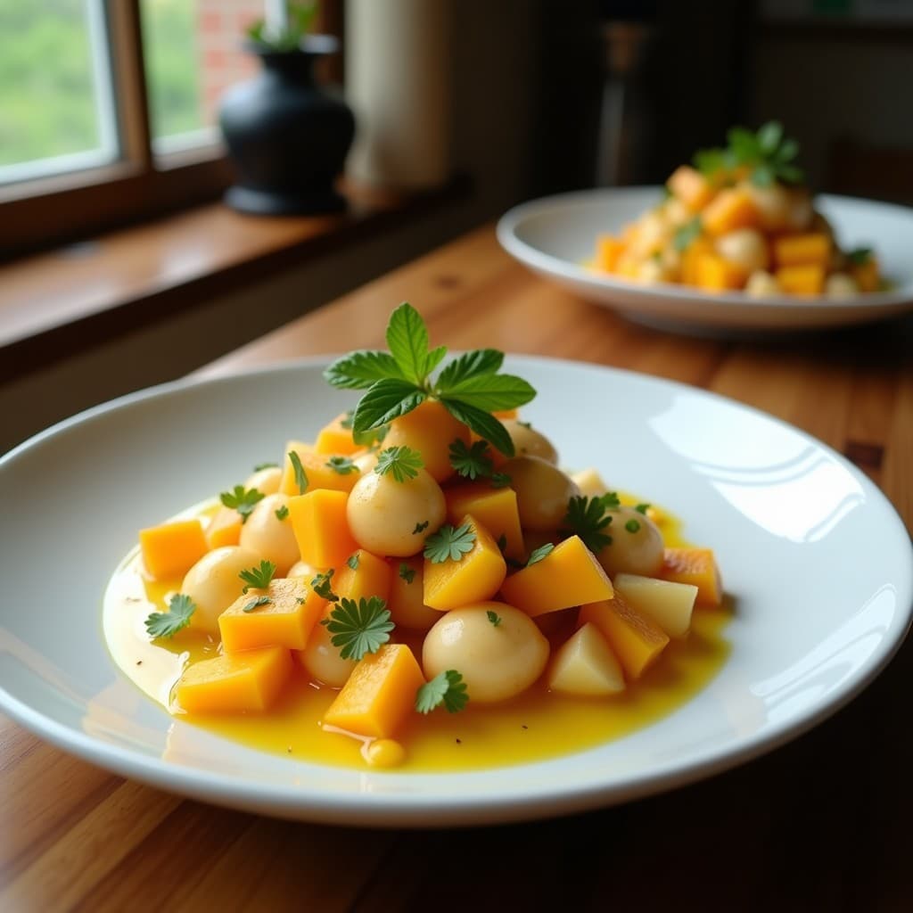 Ceviche vegano de palmitos y mango con lechuga de mar servido en copa de cristal transparente, con capas visibles de mango amarillo, palmitos blancos y lechuga de mar verde. Decorado con semillas de sésamo negro y cilantro fresco, sobre fondo de madera rústica con limones verdes y algas nori.