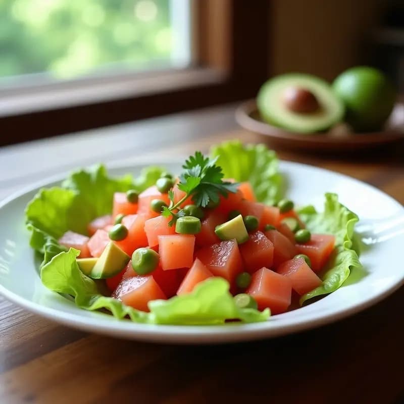 Plato blanco con ceviche de palmitos en rodajas y trozos de pomelo rosa, bañado en vinagreta de chili, decorado con aguacate en cubos y cilantro fresco sobre hojas de lechuga romana. Receta vegana y keto.
