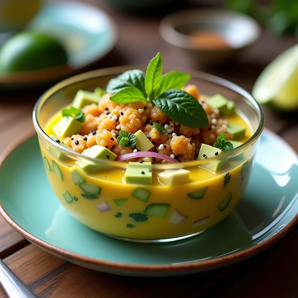 Ceiche vegano peruano en copa de cristal con capas de palta verde, alcachofa en láminas y crujiente de quinoa dorada. Decorado con hojas de menta y semillas de sésamo negro, con un fondo de leche de tigre amarilla.
