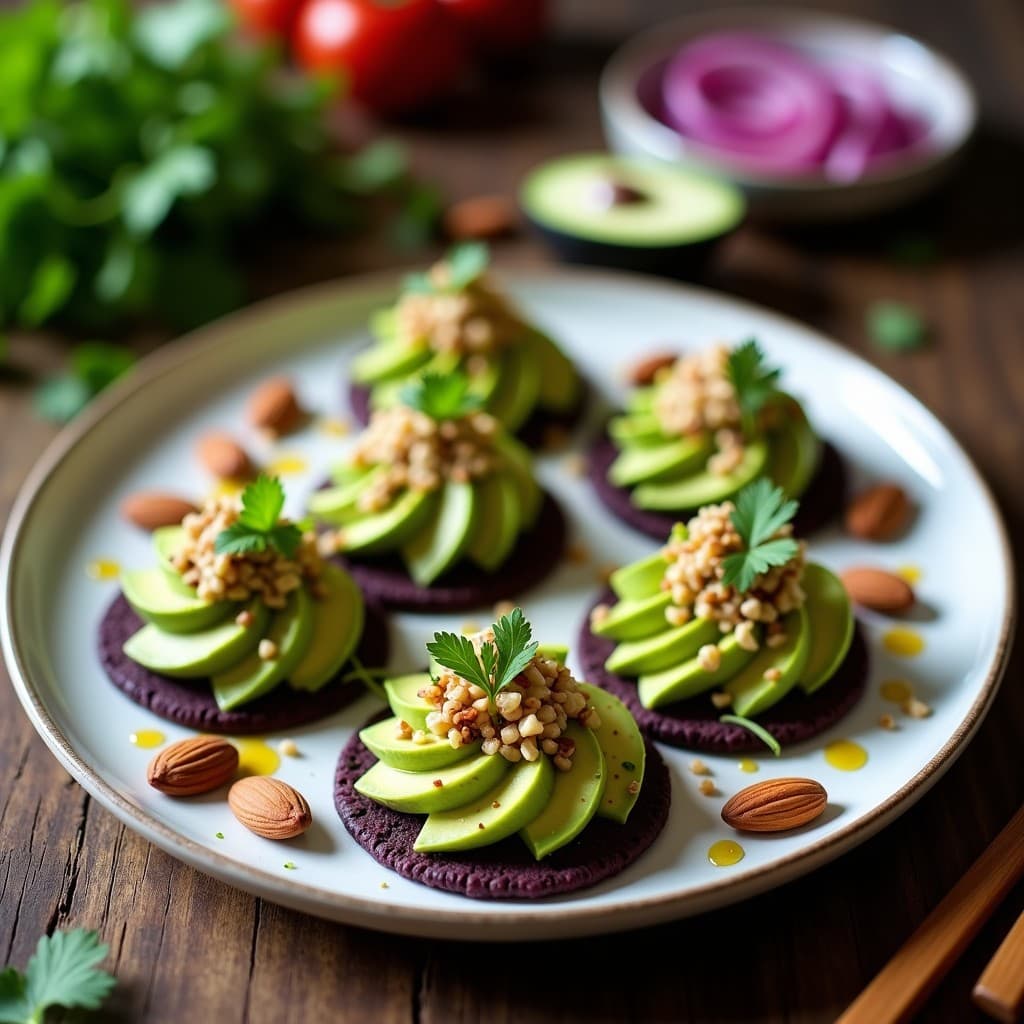 Plato blanco con ceviche de palta en cubos verdes, almendras tostadas doradas y lechuga de mar oscura, servido sobre tostadas de maíz morado. Decorado con cilantro fresco y hilo de aceite de oliva.