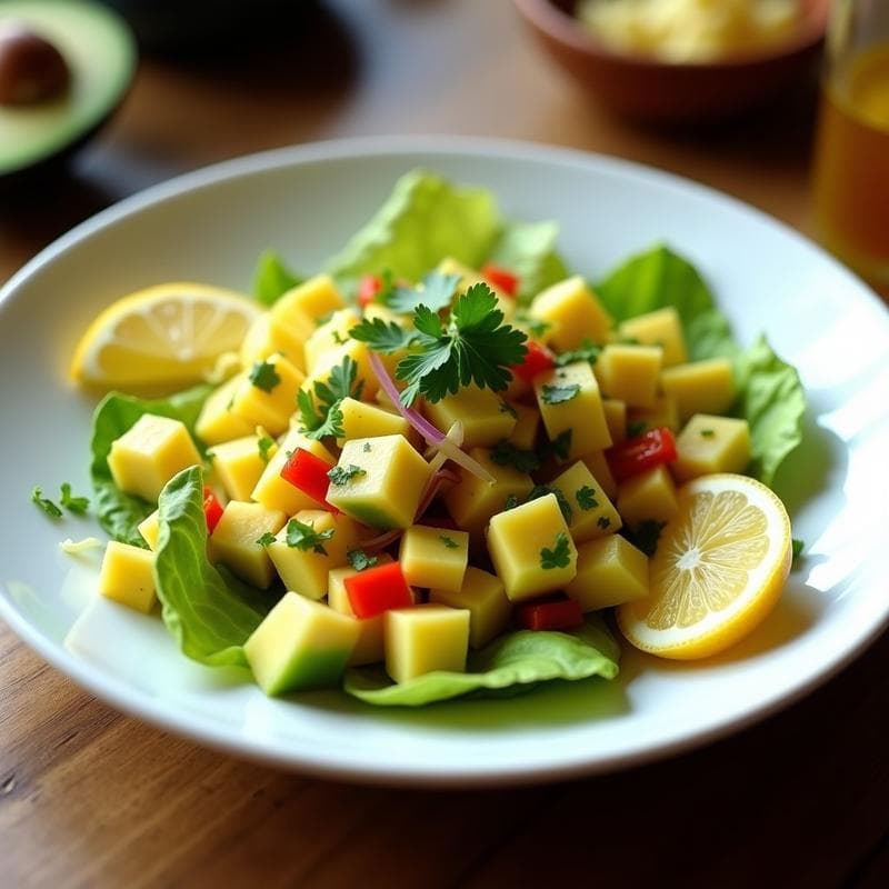 Plato blanco con ceiche vegano de palta y corazón de alcachofa, marinado en leche de tigre de limón amarillo, decorado con cilantro fresco y servido sobre hojas de lechuga. Rodajas de limón amarillo al lado.