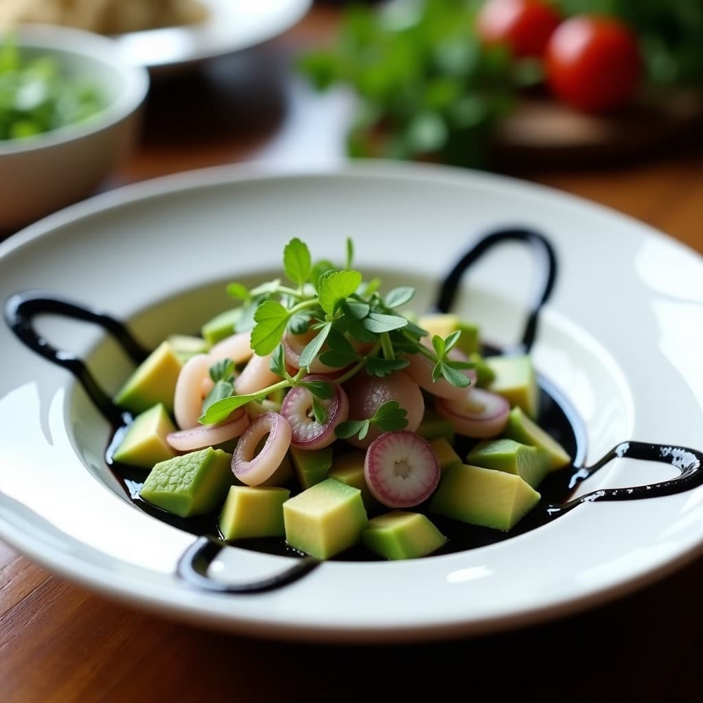 Plato hondo de cerámica blanca con ceviche de palta hass en cubos verdes, chipirones en anillos negros por la tinta, cebolla morada en juliana, cilantro fresco y microgreens. Decoración con hilos de tinta de calamar sobre fondo rustico.