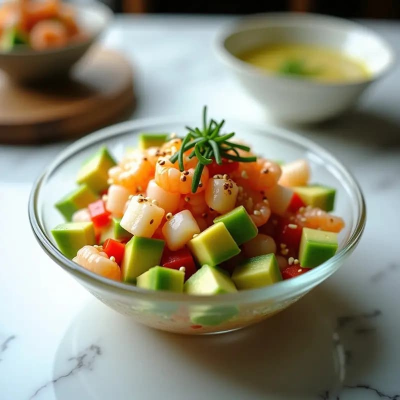 Ceviche de palta y langostinos con vinagreta de yuzu servido en copa transparente, con trozos de aguacate verde, langostinos rosados y semillas de sésamo espolvoreadas, sobre fondo blanco con toques de cebollino fresco.