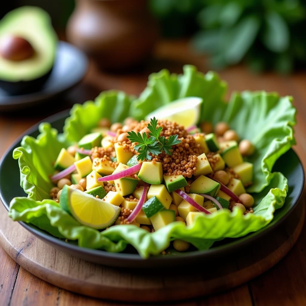 Plato de ceviche vegano peruano sin gluten con cubos de palta verde, trozos de cebolla roja, aji amarillo y cilantro, bañado en leche de limón cremosa con cacahuetes tostados espolvoreados. Servido sobre hojas de lechuga romana con gajos de limón al lado.