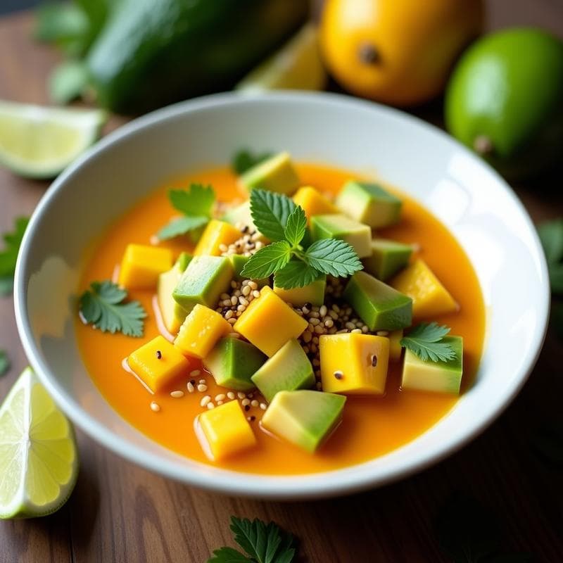 Plato hondo de cerámica blanca con ceichi de palta y mango, cubos de aguacate y mango bañados en leche de tigre de lulo, decorado con cacahuetes tostados y cilantro fresco, sobre fondo rústico de madera.
