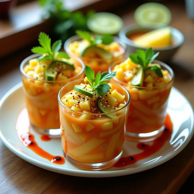Ceviche vegano de piña y jicama en copas de cristal, con trozos dorados de piña, jicama crujiente en juliana, aguacate verde y semillas de sésamo espolvoreadas. Acompañado de salsa de chile de árbol rojiza y hojas de cilantro fresco. Plato colorido y refrescante sobre fondo de madera rústica.