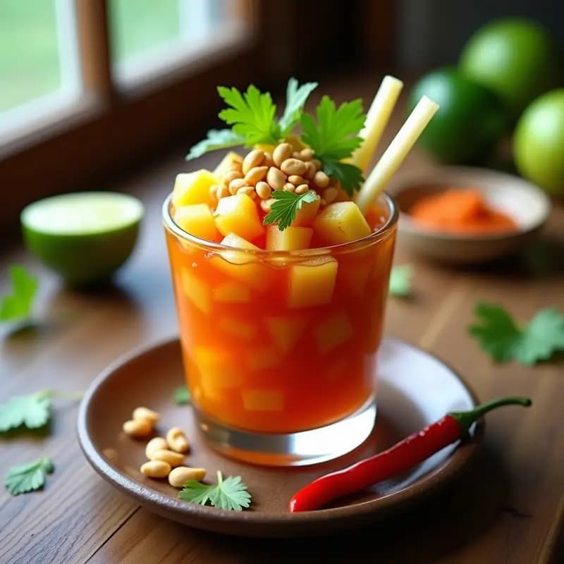 Ceviche tailandés vegano de piña y jicama con marinada de tamarindo, servido en copa de cristal sobre fondo de madera. Trozos dorados de piña y bastones de jicama bañados en salsa brillante, decorados con cilantro, menta y cacahuetes triturados.