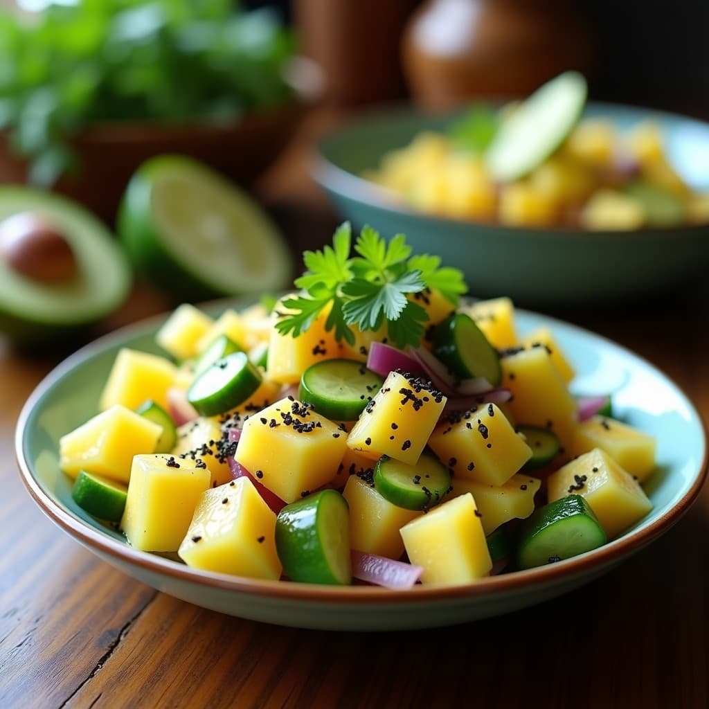 Ceviche vegano de piña y pepino servido en copa de cristal transparente, con cubos de piña dorada, pepino verde y cebolla morada en juliana. Decorado con hojas de cilantro fresco, rodajas de lime y copos de alga nori, sobre fondo de madera rústica.