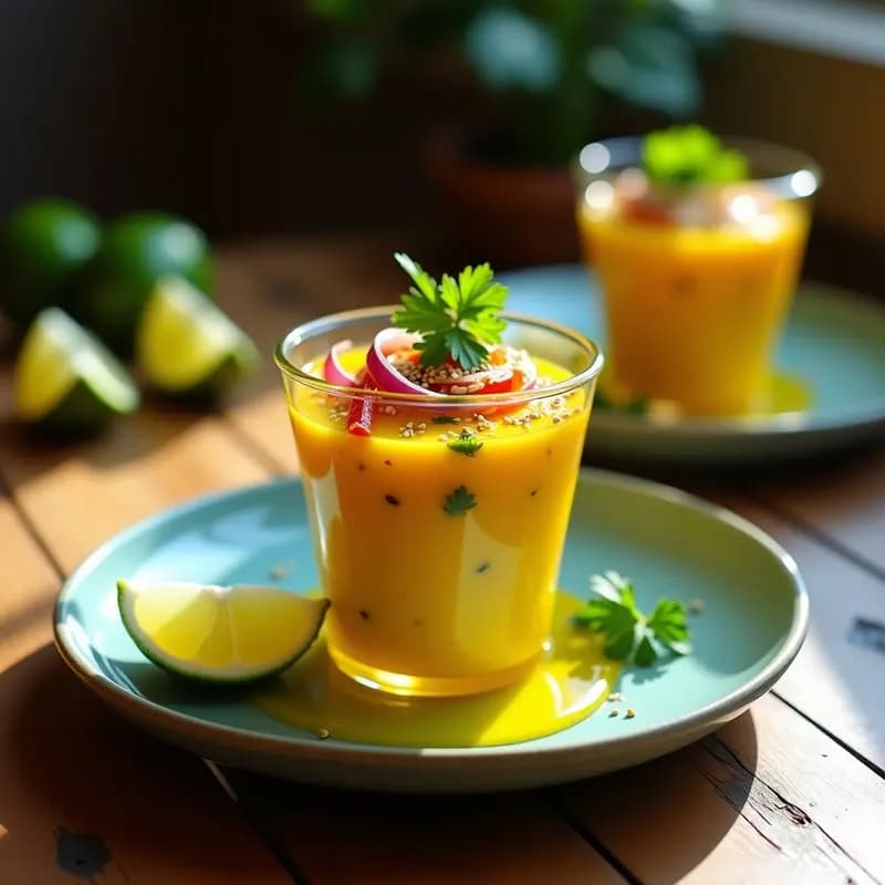 Ceviche vegano de plátano macho y mango con leche de limón, servido en copa de cristal con semillas de sésamo y cilantro fresco, sobre fondo rústico de madera.