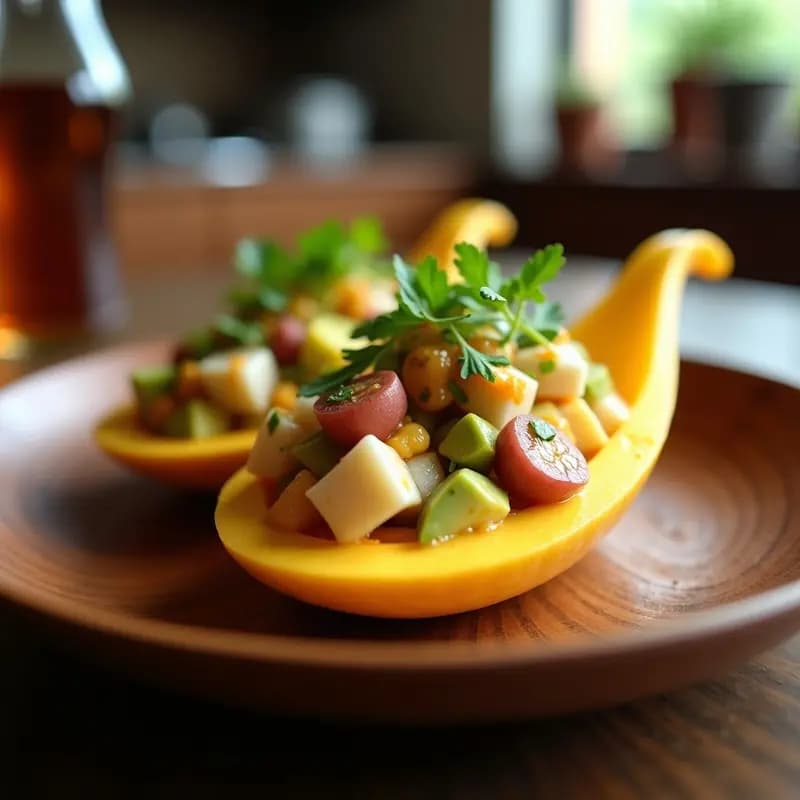 Ceviche de pulpo con aguacate y salsa de lulo servido en cucharas de mango maduro, decorado con hojas de menta y cilantro, sobre una tabla de madera rústica con tostadas de plátano verde al lado. Plato fresco y colorido típico de la cocina colombiana.