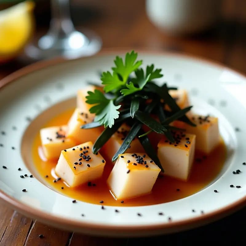 Ceviche de pulpo y alga nori servido en plato blanco hondo, con trozos de pulpo marinado, alga nori en láminas, semillas de sésamo negro y cilantro fresco, receta japonesa-peruana con toque umami.