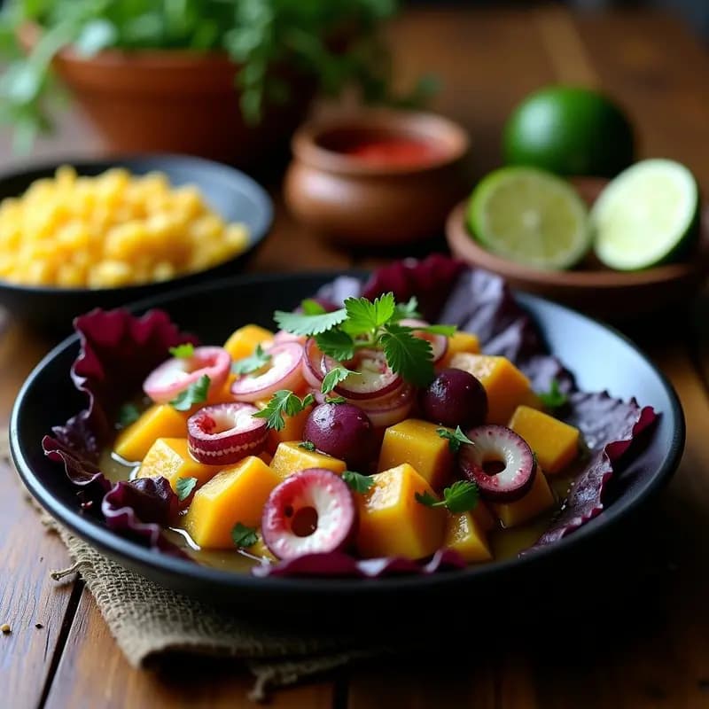 Plato hondo de cerámica negra con ceviche de pulpo y batata morada, trozos de pulpo tierno, cubos de batata morada vibrante, cebolla morada, cilantro fresco y leche de limón amarilla. Acompañado de papa amarilla, maíz morado y hojas de lechuga morada. Receta peruana con rocoto.