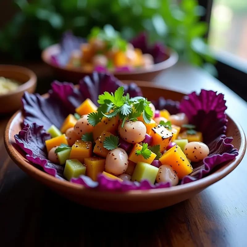 Plato de ceviche peruano de pulpo y camote morado sobre hojas de lechuga morada, con semillas de sésamo espolvoreadas, trozos de pulpo tierno, camote morado en cubos y decoración de cilantro fresco. Receta alta en proteína y omega-3.