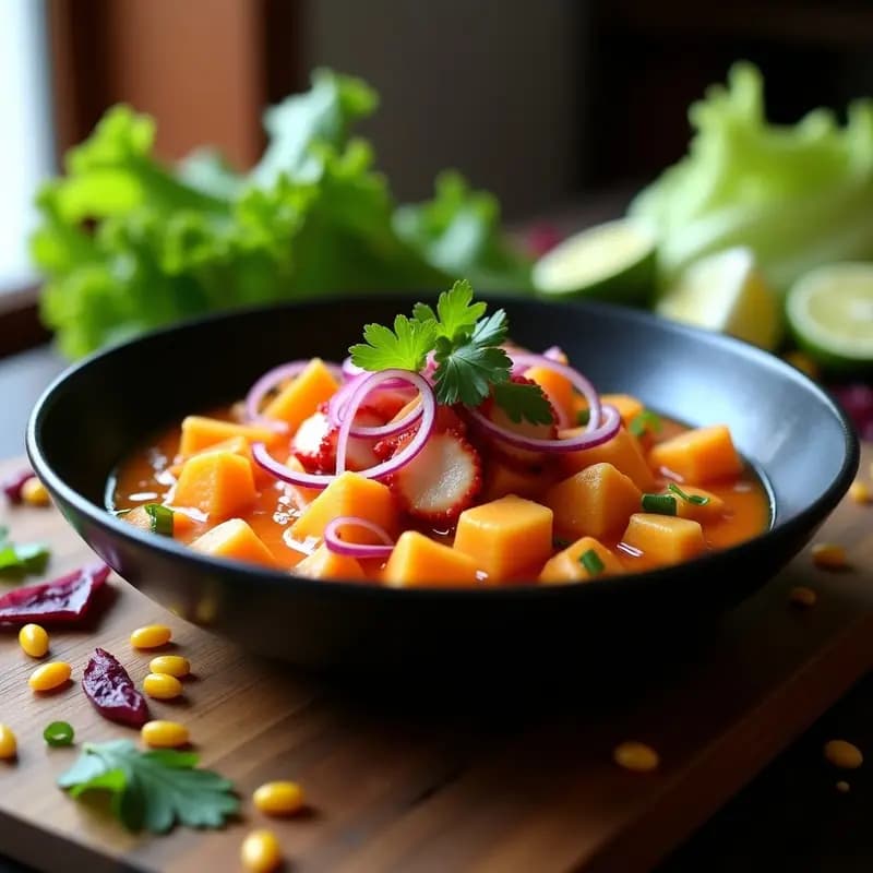 Plato de ceviche de pulpo y cocona en bol de cerámica blanca, con trozos de pulpo blanco, cocona naranja y cebolla morada, decorado con almendras tostadas y hojas de culantro sobre fondo rústico de madera.